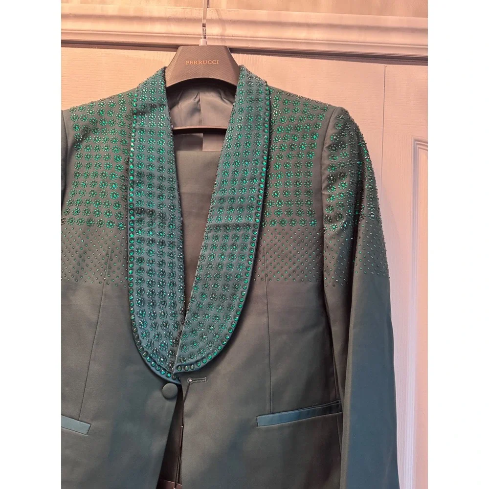Ferrucci Mens Green Rhinestone Tuxedo Suit Set Jacket 40 Pants 34 wedding, dance